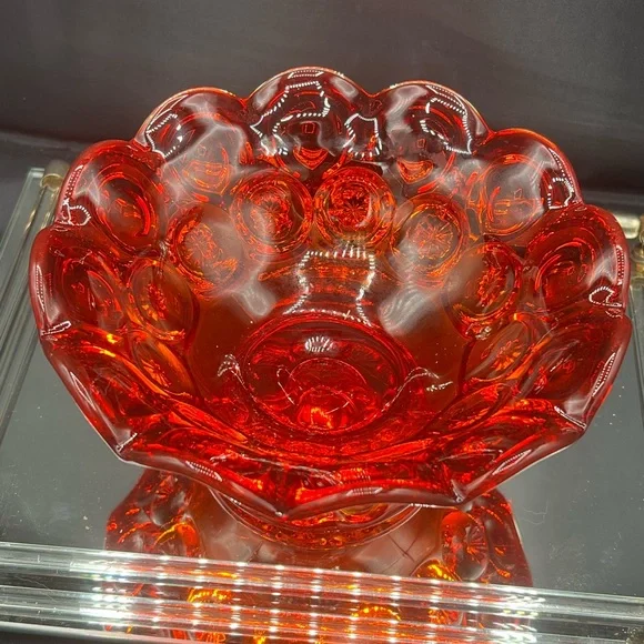 Vintage LE Smith Moon & Stars Ruby Red & Amberina Glass Footed Bowl ~ GLOWS - Picture 8 of 10